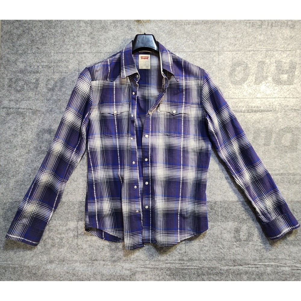 Levi Shirt Men's Size Large‎ Blue Long Sleeve Pearl Snap Cotton Plaid Shirt